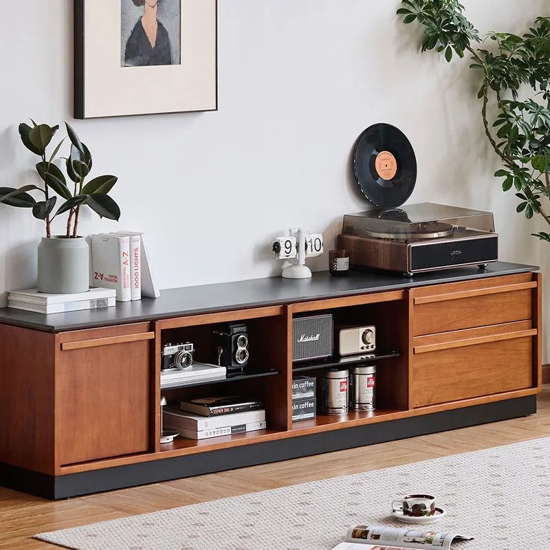 

Retro solid wood TV cabinet rock slab Nordic small apartment living room long household storage floor medieval TV