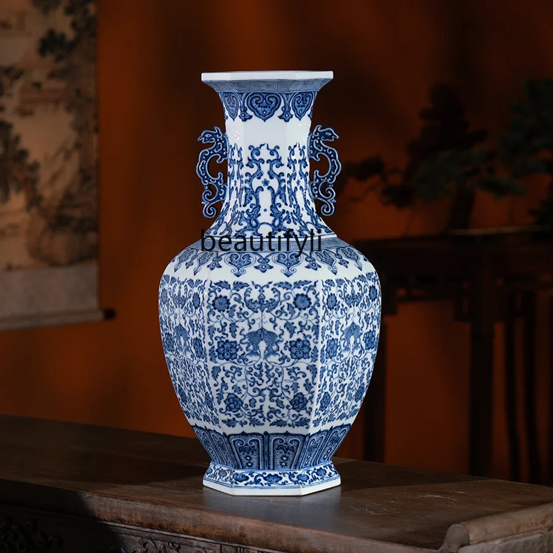 

hexagonal bottle Jingdezhen ceramic living room flower arrangement home decoration boutique ornament