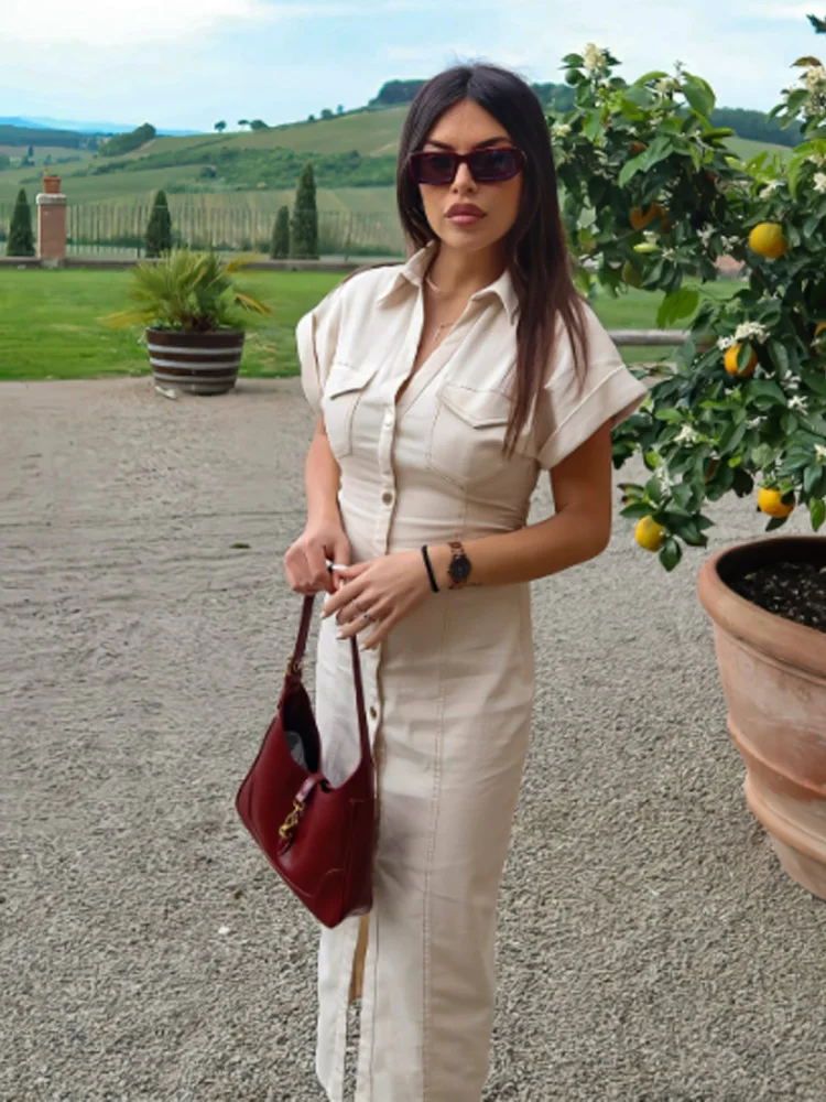 HXAO Denim damesjurk Button Off White Midi-jurken met korte mouwen Zomer Nieuwe denim lange jurken Kantoor elegante vrouwelijke kleding