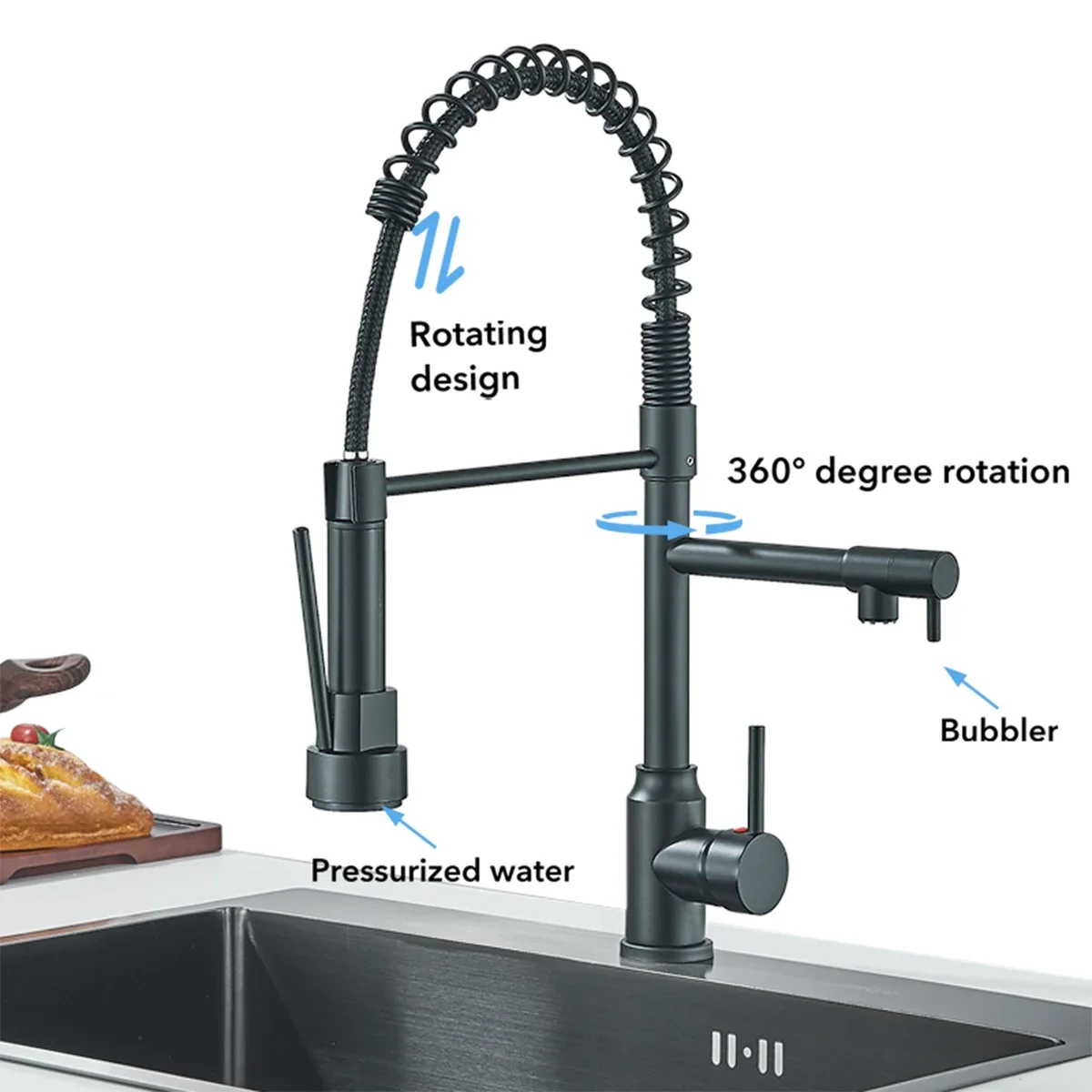 Pull Down Kitchen Faucet Dual Spout 360° Rotation Hot and Cold Water Mixer Tap Single Handle Deck Mounted Kitchen Sink Crane