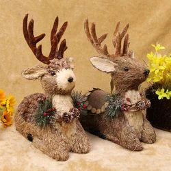 for Creative Christmas Elk Ornament Handmade Woven Straw Sitting Reindeer Animal for Doll Rustic Home Garden Desktop Decoration