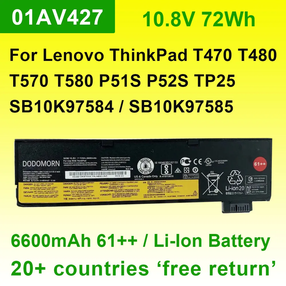 For Lenovo ThinkPad T470 T480 T570 T580 P51S P52S A475 A485 Series 01AV427 Laptop Battery SB10K97584 10.8V 72Wh 6600mAh 61++