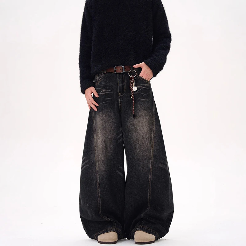 WTHT ヴィンテージメンズグラデーションパッチワークデザインハイストリートデニムパンツファッション新しい夏ウォッシュルーズワイドレッグジーンズ男性 2A0184