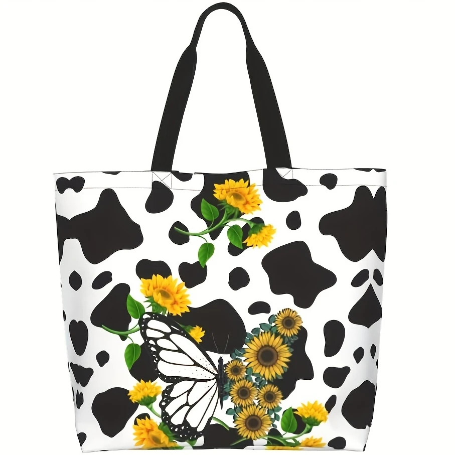 

[Sunflower Print Tote Bag]Sunflower Cow Print Canvas Tote Bag - Reusable Shopping Handbags for Women