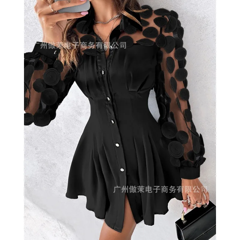 Summer New Women\'s Solid Color Lace Stitching Long-Sleeved Single-Breasted Shirt Dress