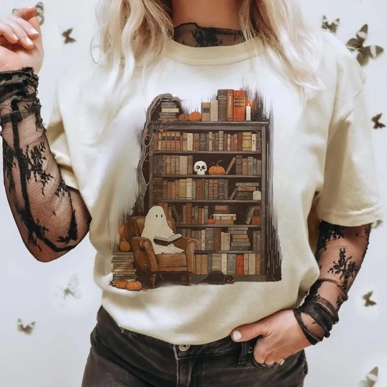 

Funny T-Shirt Halloween Cartoon Cute Ghost Reading Printed Short Sleeve Basic Women's Cute Round Neck Clothing White T-Shirt