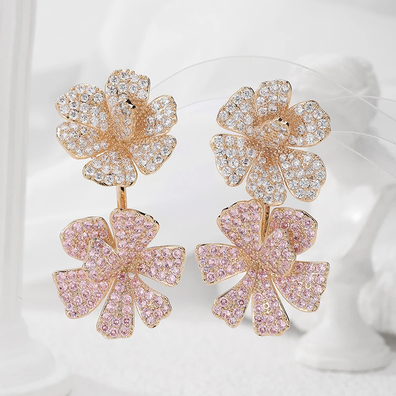 Luxury Gold Plated Zircon Flower Stud Earrings Beautiful Pink Mini Zirconia Micro-inlay Wear Front to Back Earrings for Brides