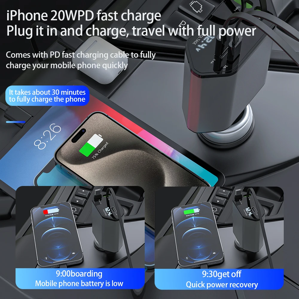 KINLANAO 120W Retractable Car Charger 4 in 1 USB C Fast Charging Car Cigarette Lighter Charger Adapter for iPhone Xiaomi Huawei