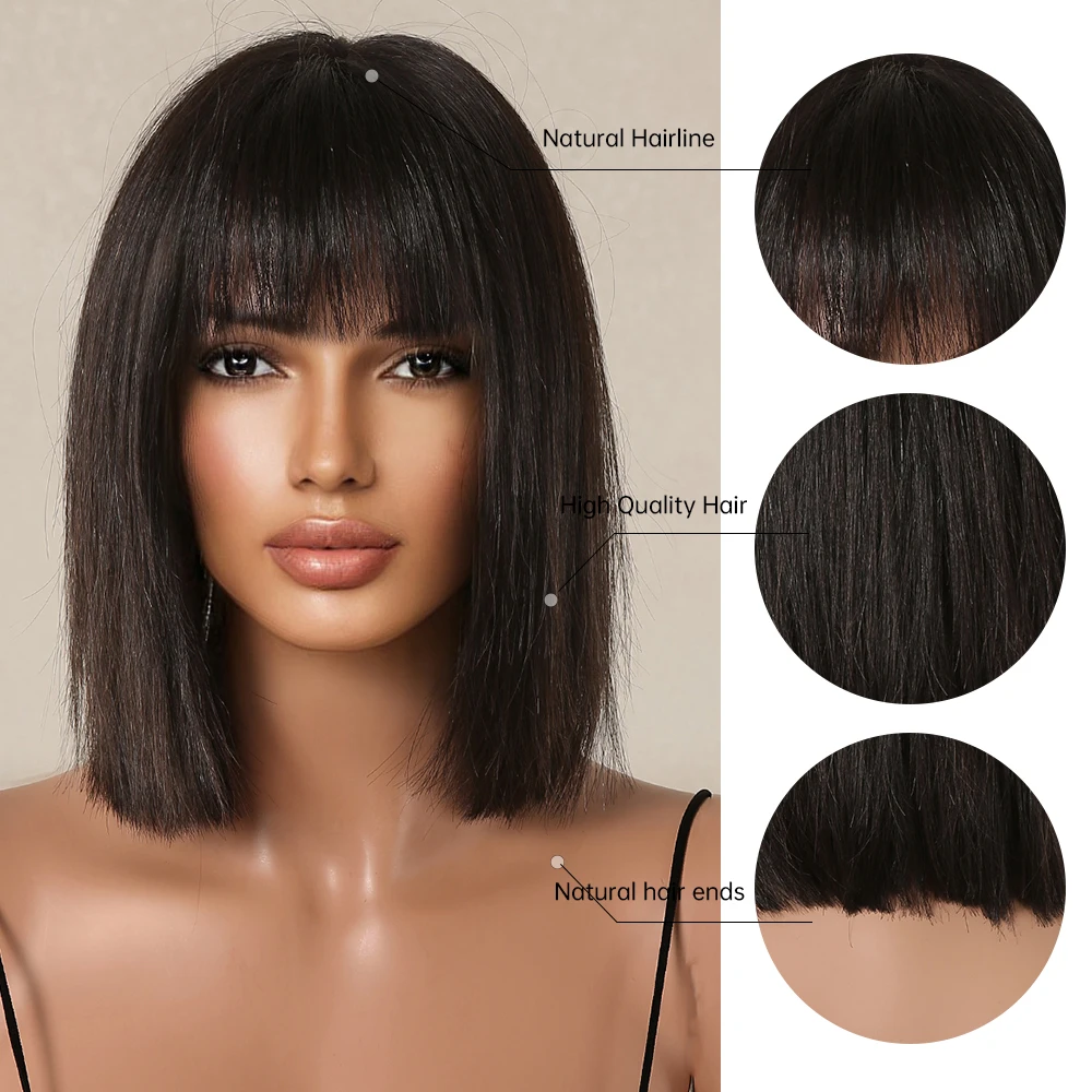 100% Remy Human Hair Wigs 10 inch Black Human Hair Wigs for Women Short Straight Natural Black Wig with Bangs Cosplay Bob Wigs