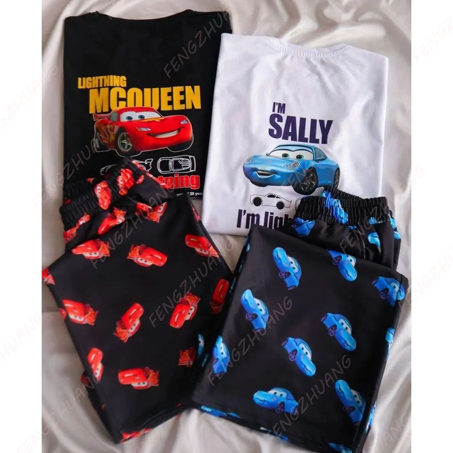 2025 Regalo unisex del día de San Valentín Venta caliente Conjunto casual de moda The Cars Lightning McQueen & SALLY Camiseta Conjunto de pantalones largos