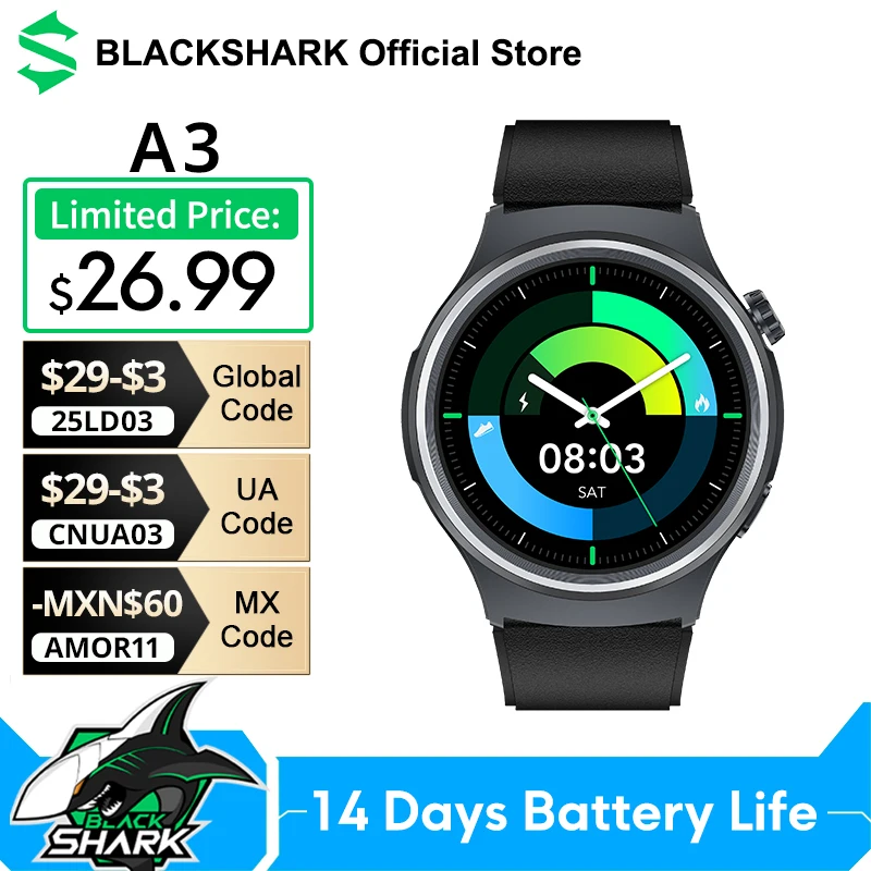 Global Version Black Shark A3 1.53'' Display 14 Days Battery Life 120+ Sports Modes Over 240 Watch Faces 3ATM Health Monitoring