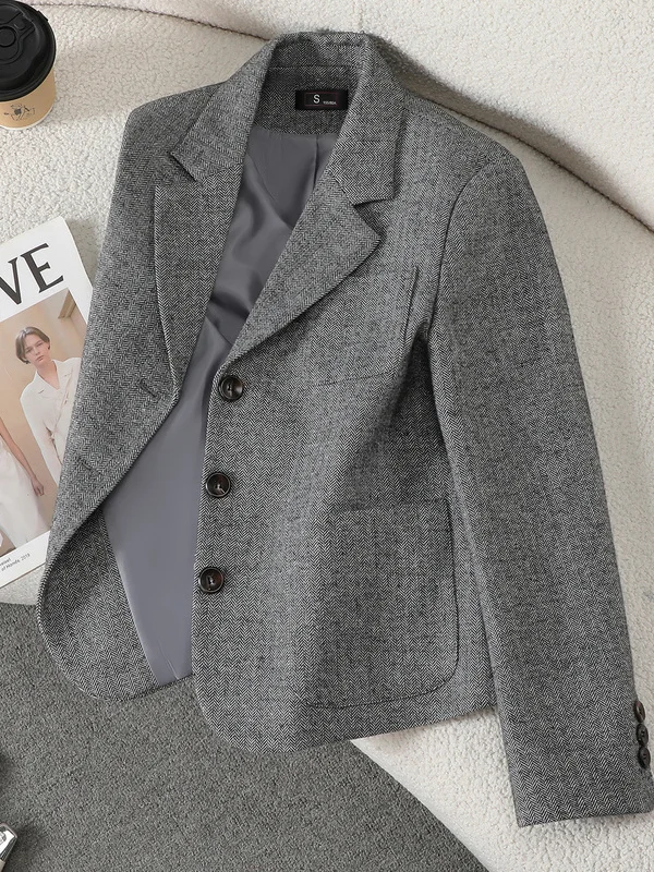 Gray Woolen Short Suit Jacket for Women Professional Casual Business Style Autumn Winter New Arrival Fashion Versatile Compac...