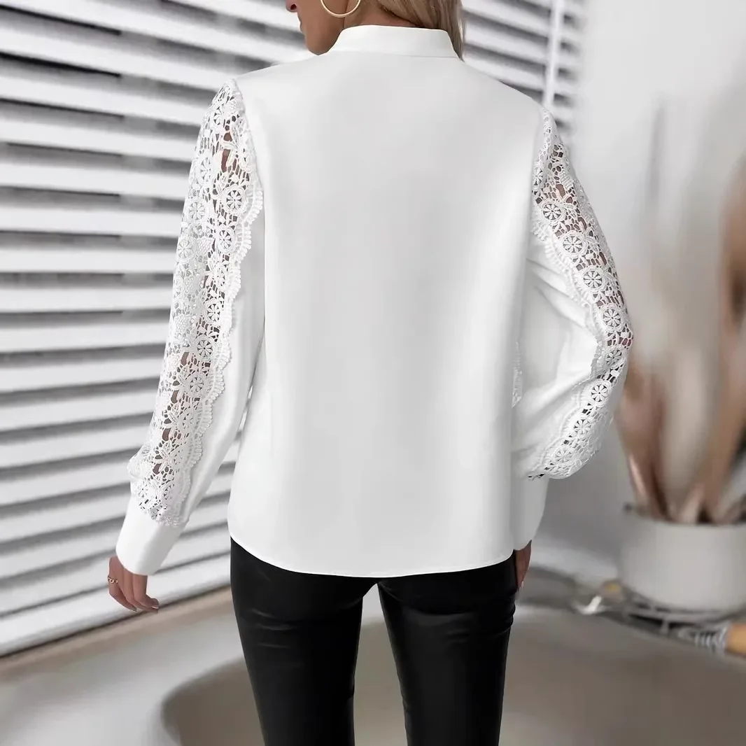 2026 New Fashion Button Lace Shirt Women's Autumn Casual Loose Solid Color Home V-Neck Hollow Long Sleeve Top Women