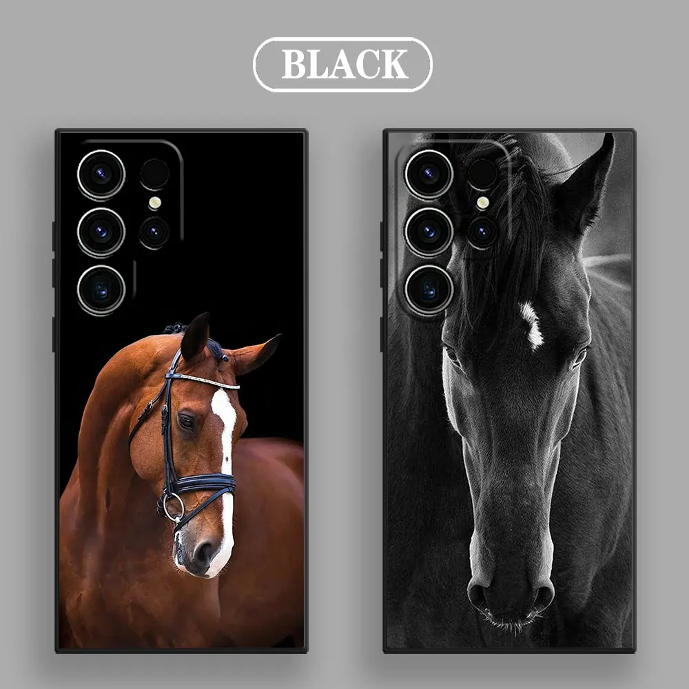 Phone Case For Samsung Galaxy S24 Ultra Case S23 S21 S20 FE S22 9 Plus Note 20 Ultra Silicone Cover Black White Horses Galloping