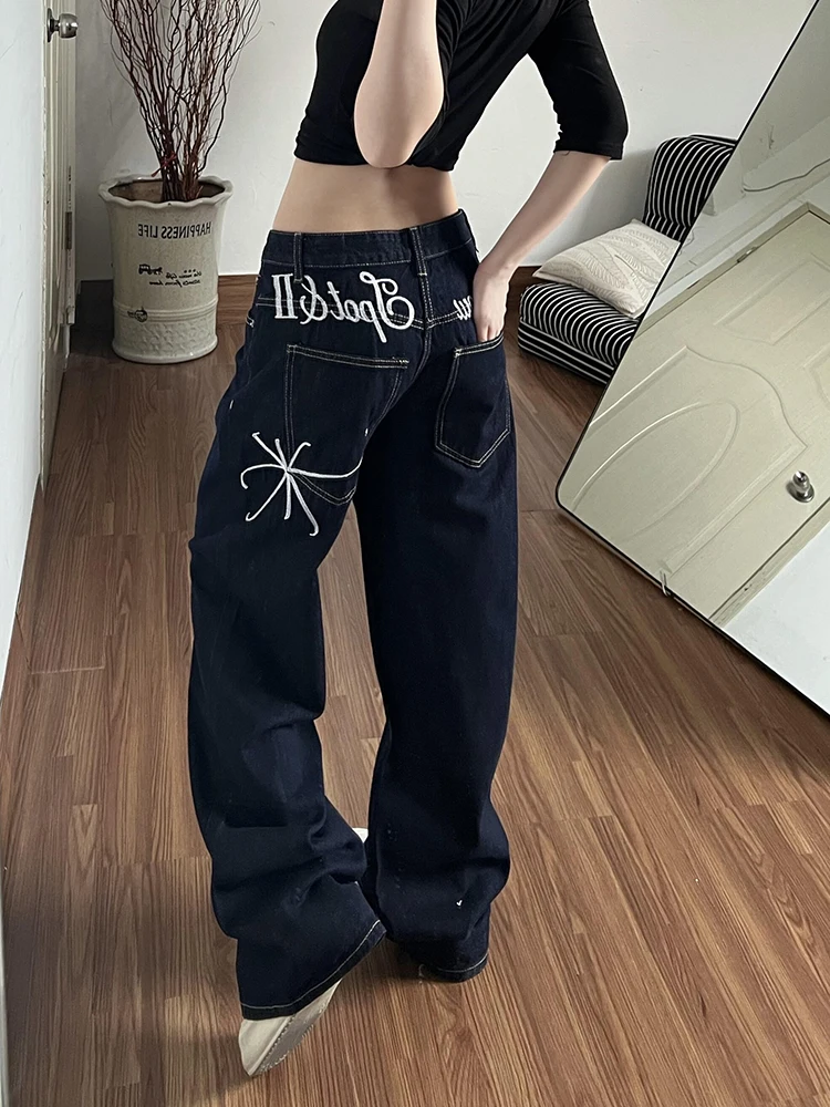 

Deep Blue Embroidered Denim Jeans High Waist Machine Embroidery Oversized Loose Fit Straight Leg Retro Style Fleece Lined