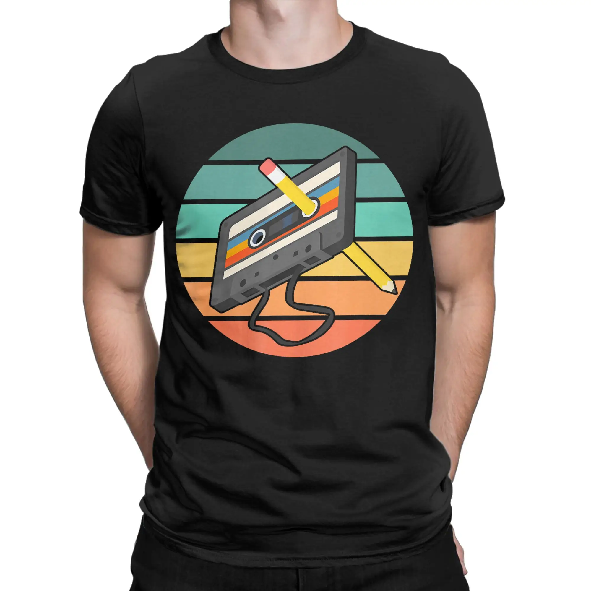 Retro Cassette Pencil 70s 80s 90s Music Mixtape T-Shirt Summer  Y2K Casual T Shirts Cotton Fashion Tshirt For Men Casual Tops