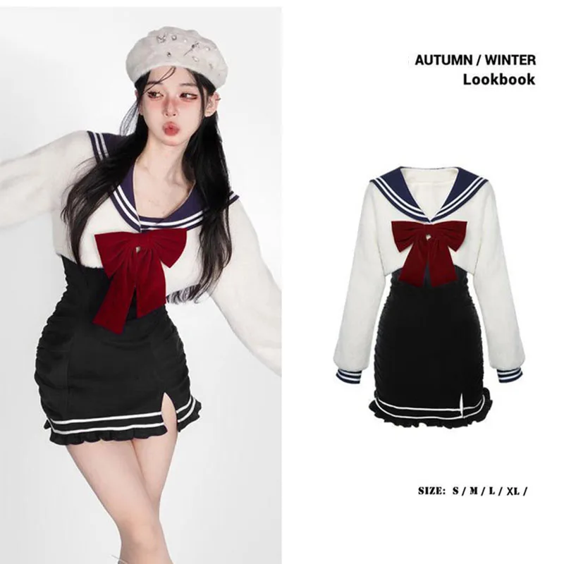 2025 خريف جديد Y2k لطيف مجموعة سترة فستان البدلة Preppy البحرية طوق القوس بأكمام طويلة البلوز الأسود تريكو فستان النساء الملابس #2