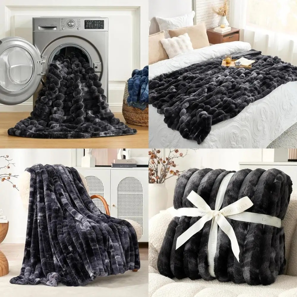 

Cozy Striped Faux Fur Throw, 60x80 Inches, Tie-Dye Black for Sofa, Bedroom, Living Room