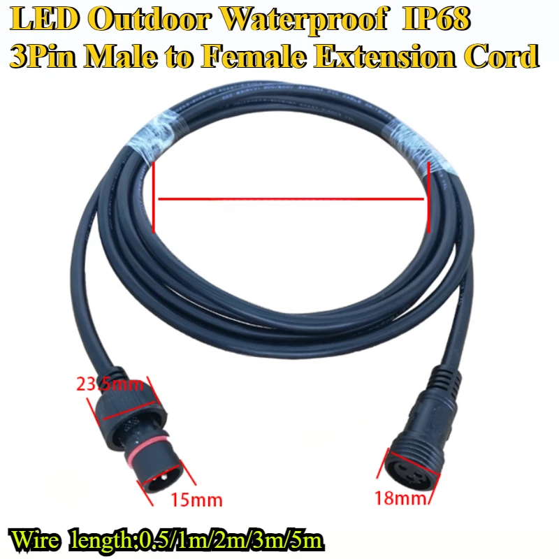 3Pin Male To Female Extension Cord Length 0.5/1/2/3/5M 0.3/0.5/0.75/1.0/1.5/2.5 Square LED Outdoor Waterproof IP68 High Power