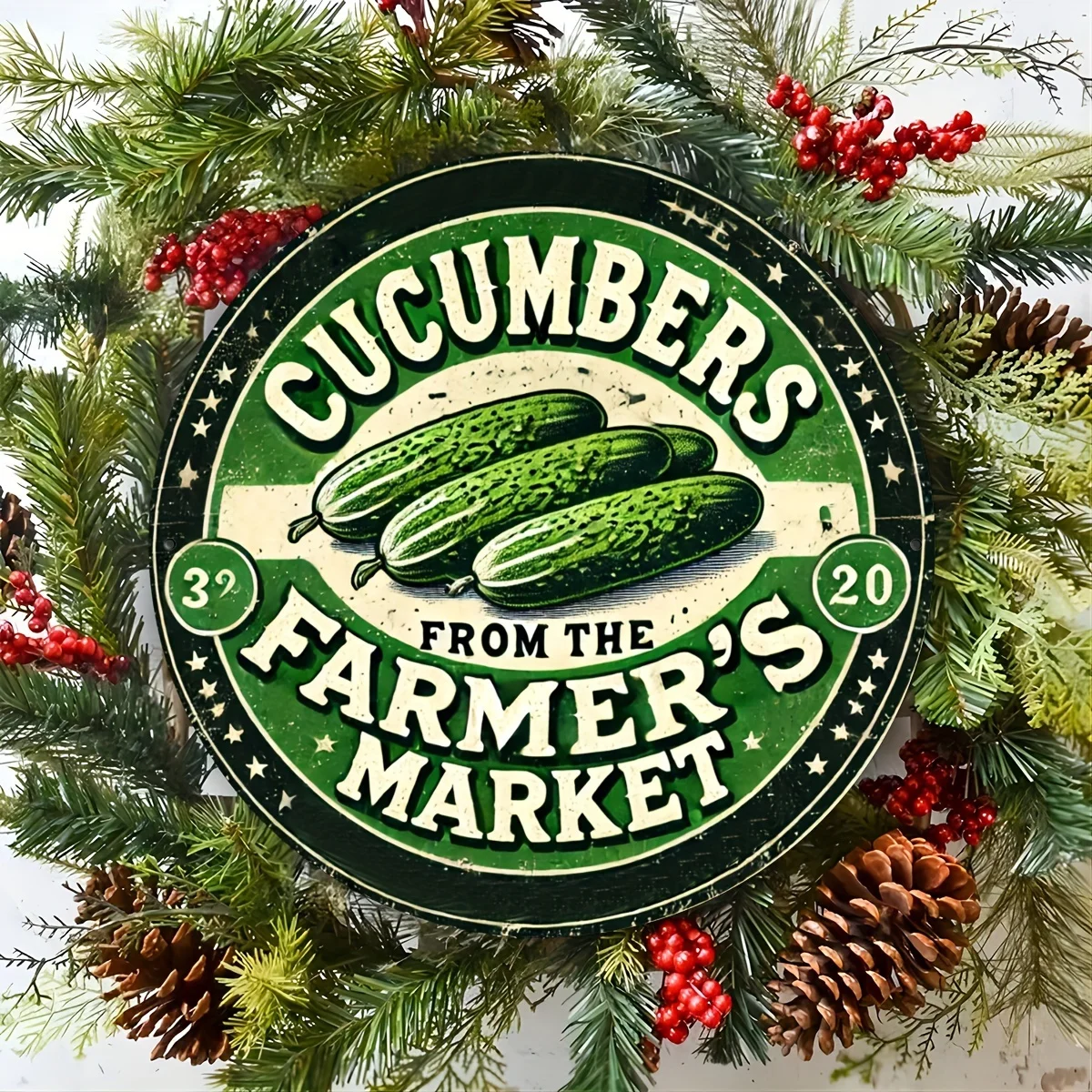2D Flat, 1pcs Farm Market Cucumber Metal Sign - Vintage Round Wall Decor with 