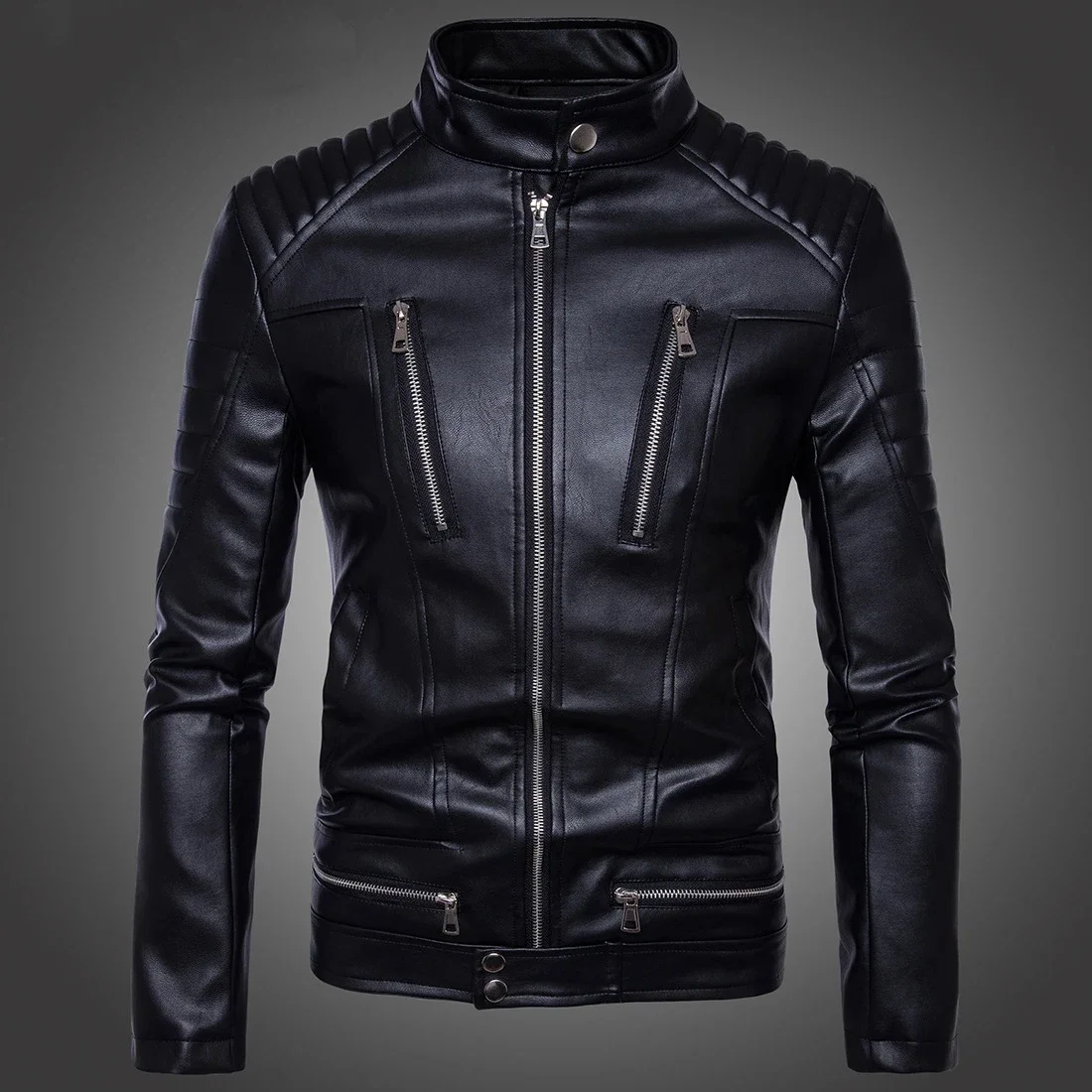 Punk Multi Zip Biker Leather Jacket Men Motorcycle Style Outerwear Men Fashion Cool Street Trendy Long Sleeve Leather Jacket