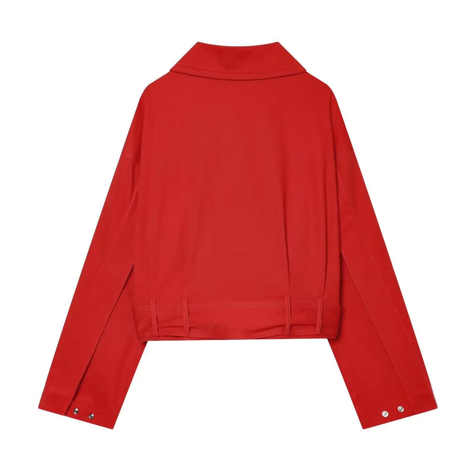 Red Cropped Jacket Lapel Collar Drawstring Neck Waist Tie Knot Belt Side Pockets Drop Shoulder Loose Casual Women Outerwear