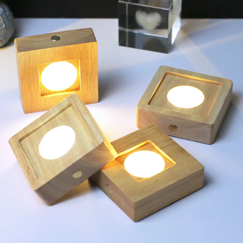 Portalampada quadrato a LED in legno Luce notturna ricaricabile Lampade per atmosfera da tavolo Luci in legno massello Base Decorazione artistica