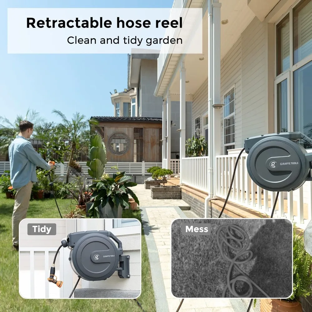 Retractable Hose Reel 5/8" X 90 Ft Wall Mounted , Automatic Rewind, 180 Deg Swivel, Any Length Lock, 90 Ft, Dark Grey