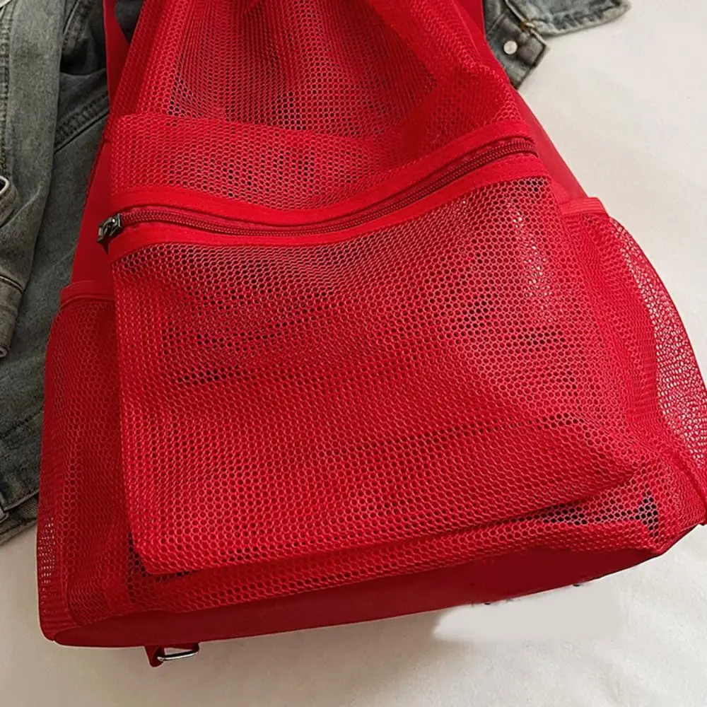 Sweet Korean Style Drawstring Backpack Hollow Portable Nylon Backpack Shoulder Bag Solid Color Mesh Beach Bag Girls