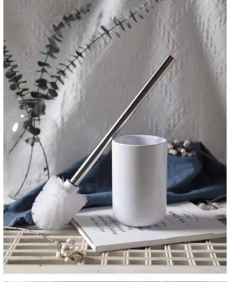 

White Ceramics Bathroom Brush/Toilet Cleaning Brush with Long Handle Stainless Steel Holder/ Toiletries Accessory for