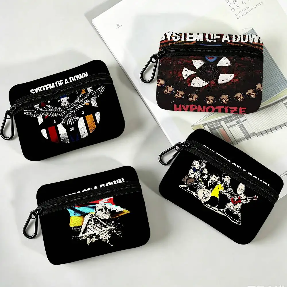 Heavy Metal Band System of A Down Compact Oxford Cloth Zipper Pouch Detachable Carabiner Mini Coin & Key Wallet