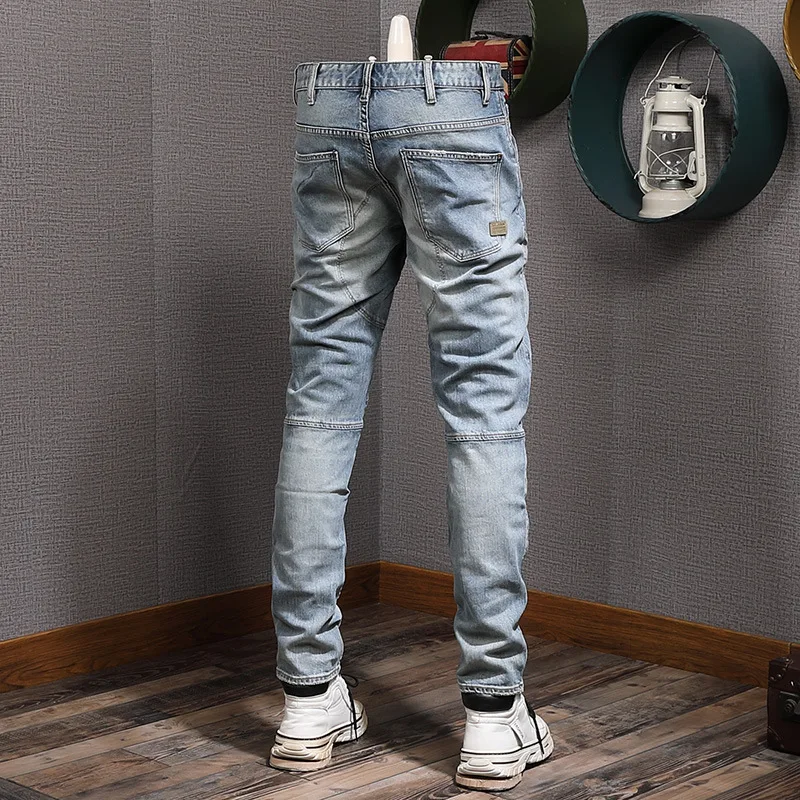 2025 Spring and Autumn Nostalgic Splicing Slim fit Small Leg Jeans for Men, Elastic Water Washed Retro Street Heavy Pants