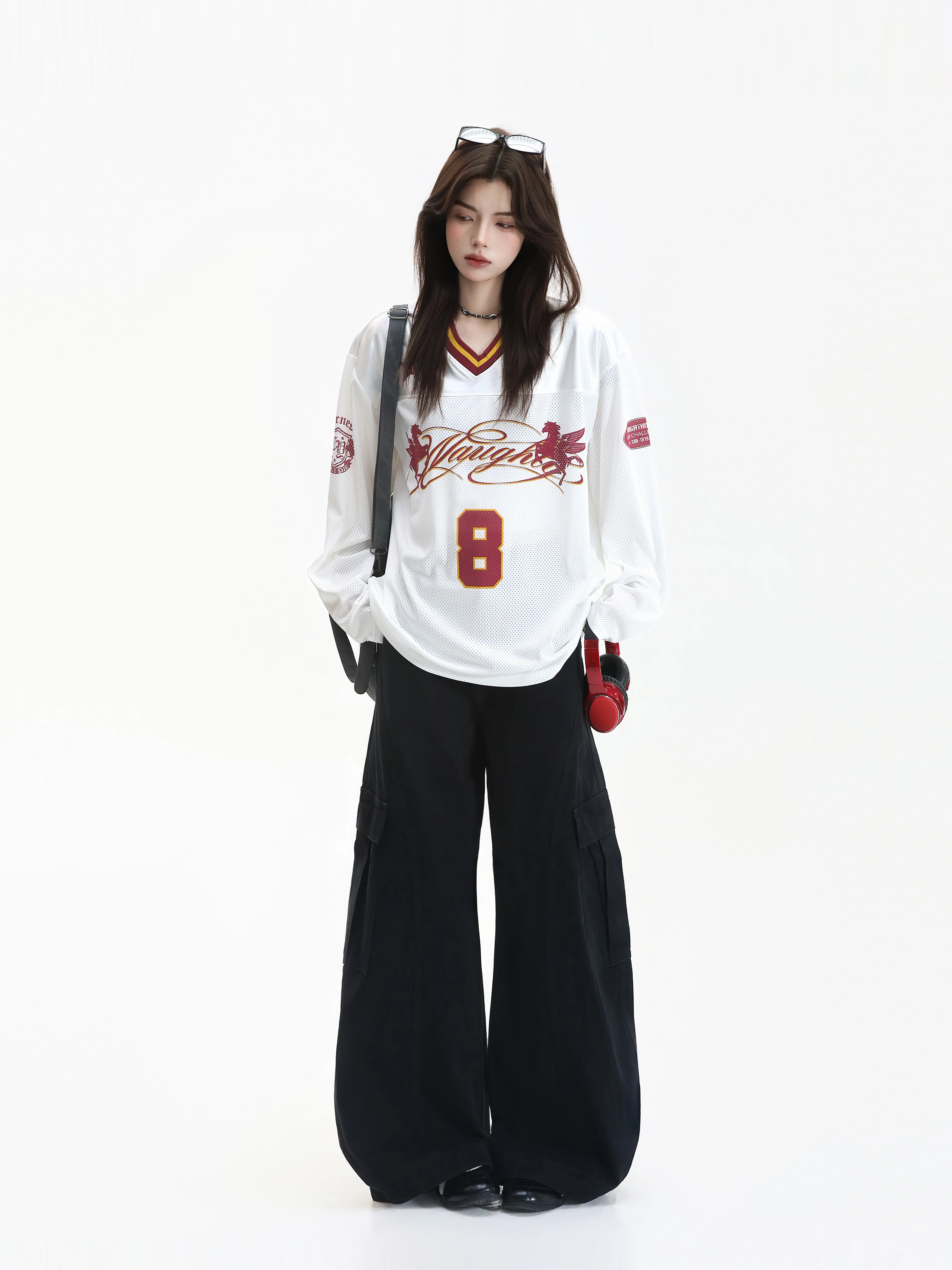 Retro American Design Hollow out Mesh V Neck Long Sleeve Women's Sports Style Printed T Shirt Casual Loose Fit Polyester Spandex