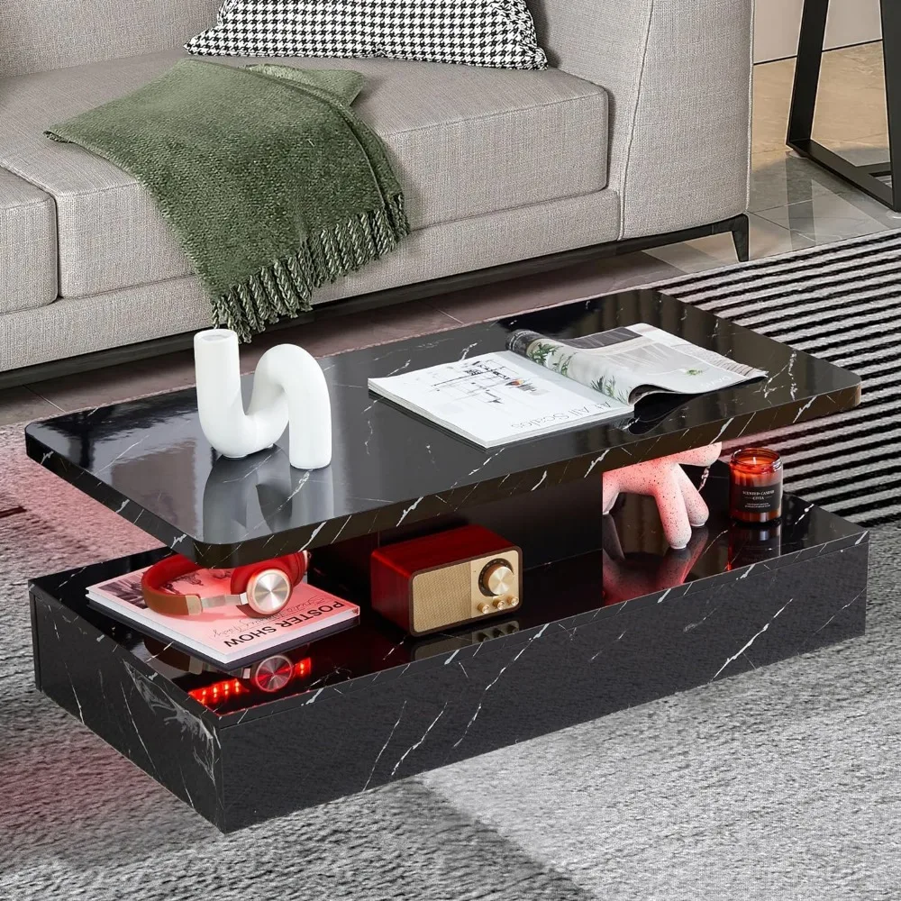 Living Room LED Coffee Table, Black Modern Coffee Table, Equipped with 16 Color Smart LED Lights, 2-layer Rectangular Design