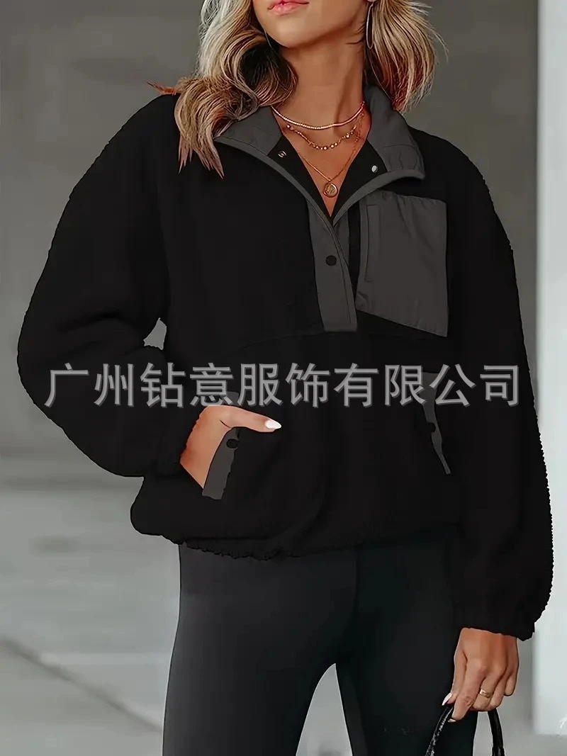 Fall Winter Loose Fashion Versatile Warm Top Women's Multi Pocket Fuzzy Pullover Color Block Half Open Collar Zipper Sweatshirt