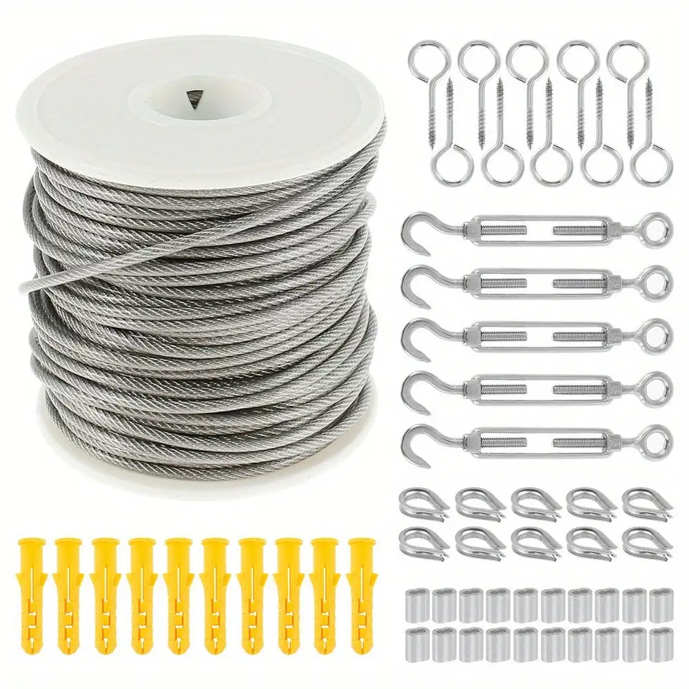 

Heavy-Duty PVC-Coated 304 Stainless Steel Cable Rope (590.55/1181.1") - Adjustable Garden/Tent/Cleaning Rope Kit