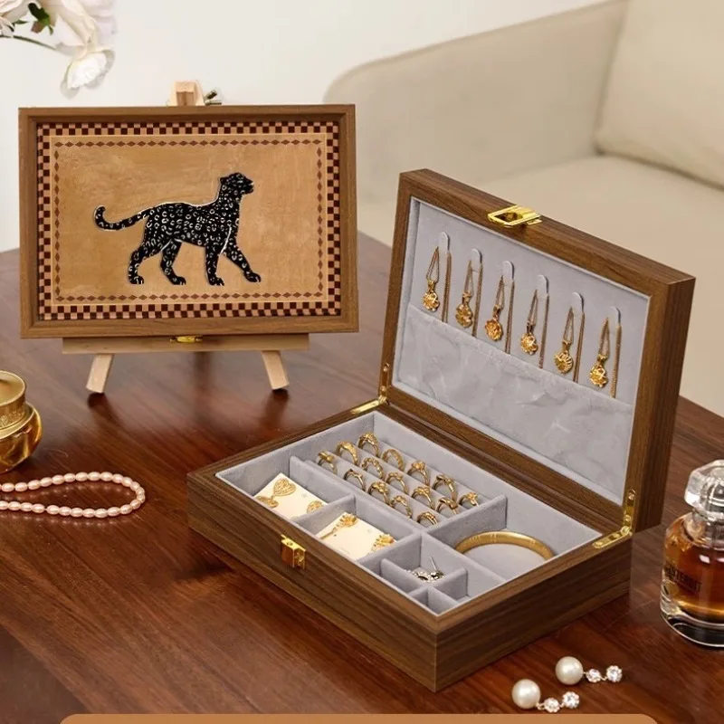 الجوز اللون صندوق مجوهرات فاخر الرجعية حلقة صناديق التخزين القلائد المحمولة القرط سوار عرض حالة منظم المجوهرات