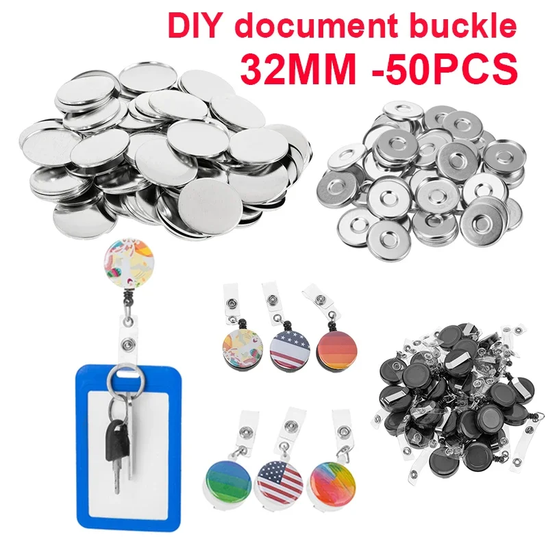 50 Sets 32mm Badge Machine Consumables Retractable ID Buckle Set Key Chain Anti-lost DIY Round Badge Buckle for Doctor Worker