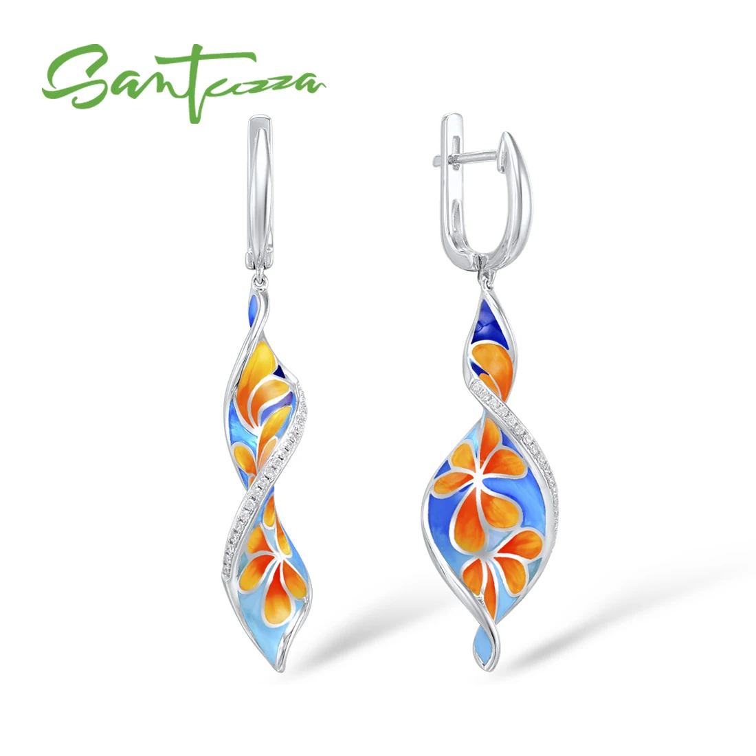 SANTUZZA Silver Earrings For Women Pure 925 Sterling Silver Long Colorful Flower Drop Earrings Fine Jewelry HANDMADE Enamel