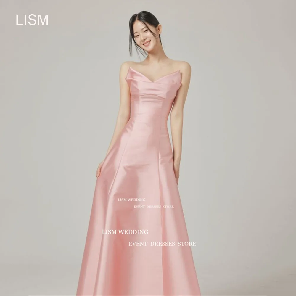 Lisme Elegante V-Hals Korea Avondjurken Satijnroze Trouwfoto 'S Schieten Mouwloze Prom Gelegenheid Jurk Rugloze Feestjurk