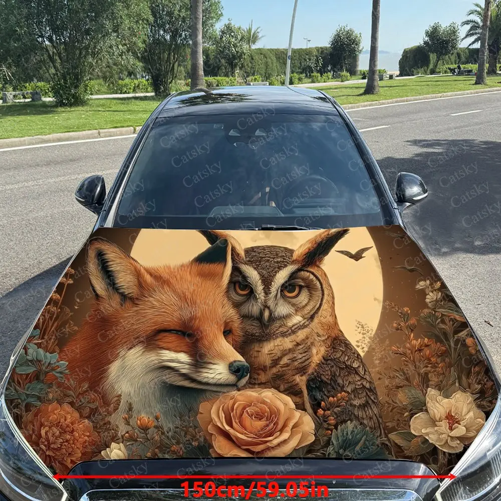 Vintage Fox, Owl & Flowers Car Vinyl Wrap, PVC Material Waterproof Car Hood Sticker, Self-Adhesive Scratch-Resistant Stickers fo