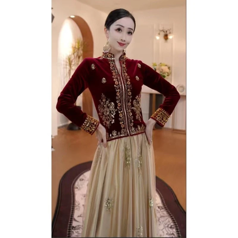 2025 mulheres dança topo manga longa bordado topo trajes tradicionais orientais dança indiana roupas de desempenho palco dql12069