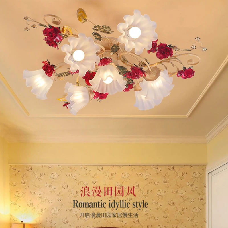 Warm Romantic Wedding Room led Ceiling Lamp European Style Rural Ceiling Light Living Room Bedroom Retro Flower Lighting Fixture