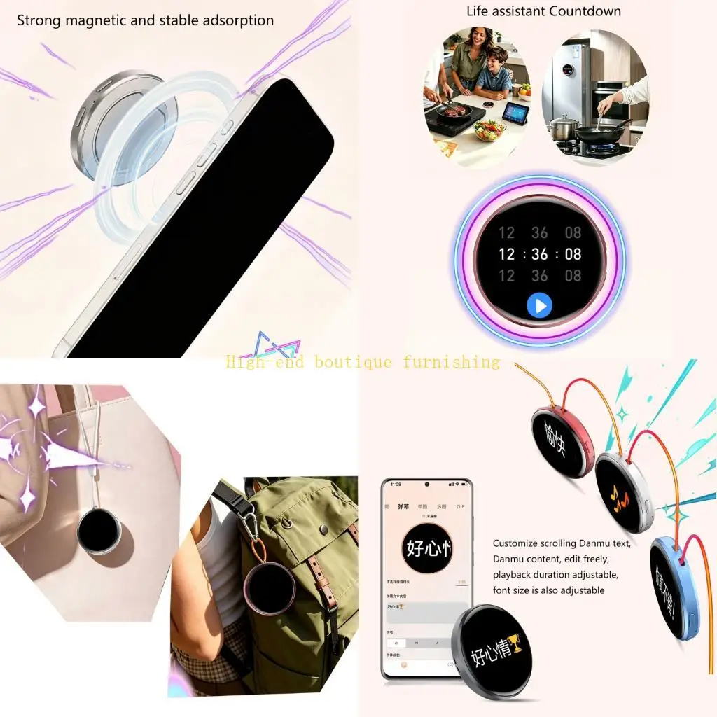L9NB Rechargeable Wearable Display Pin with Tap Control, Round Screen for Reception, Meetings, Retail Greeting and Promotion