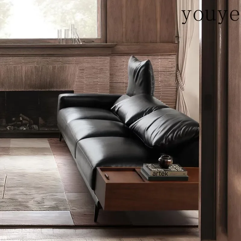 zJQ Retro style minimalist light luxury design walnut side cabinet straight row living room three-person black leather sofa