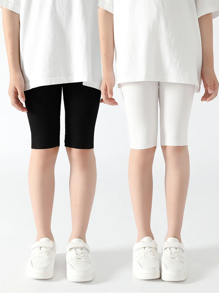 2-Pack Children's Knee-Length Leggings, Vertical Striped Solid Color Modal Material, Lightweight and Breathable, Anti-Exposure Safety Shorts, White Pants.