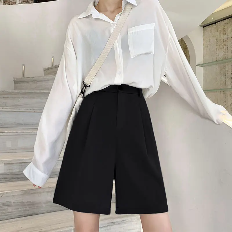 Spring Summer Women\'s High Waisted Button Solid Pockets Casual Suit Sports Formal Trousers Preppy Style High Street Shorts