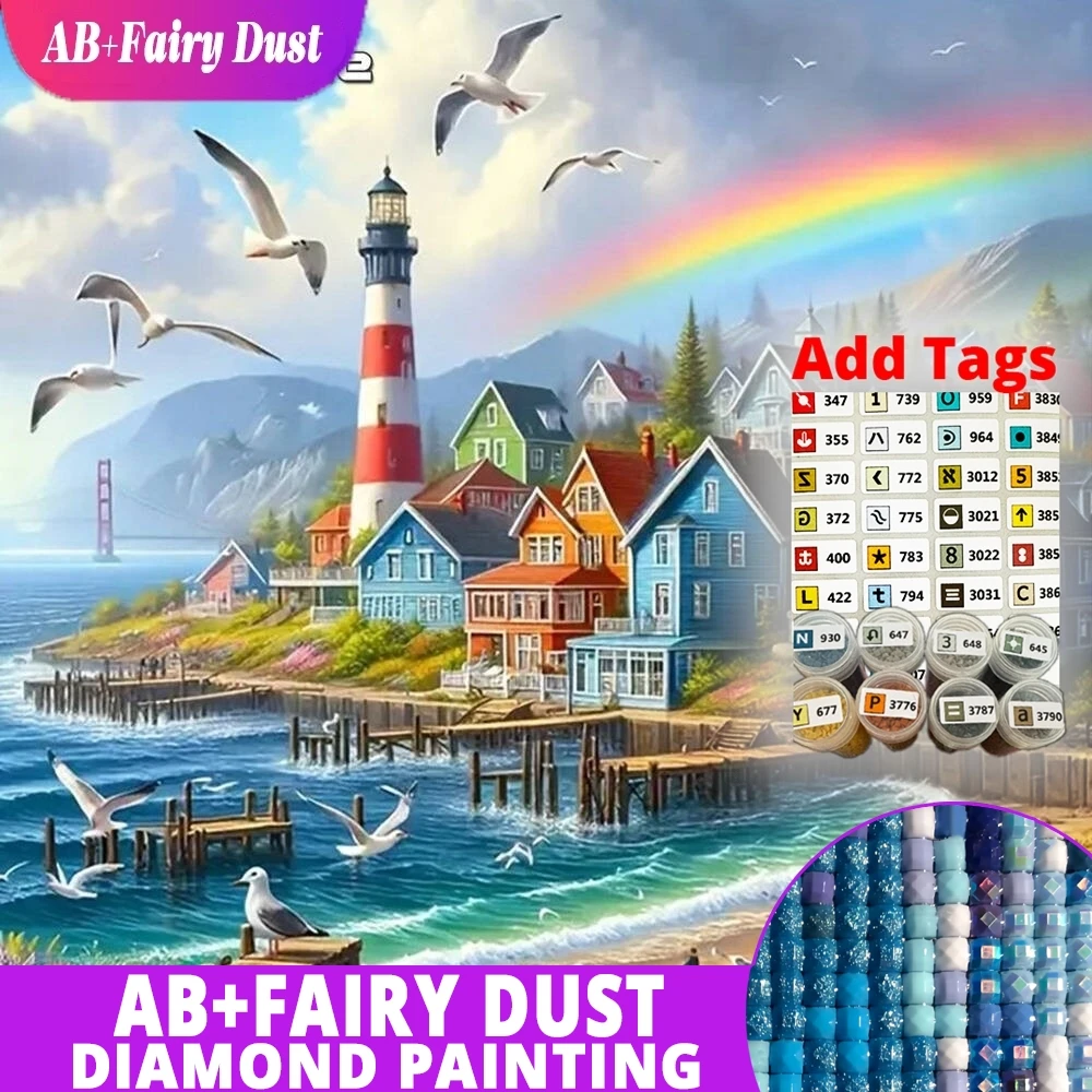 

AB Фея Пыль Полный Квадратный Круглый Алмазная Вышивка Дом Приморская Мозаика Маяк Пейзаж DIY Картина Новое Прибытие Декор Для