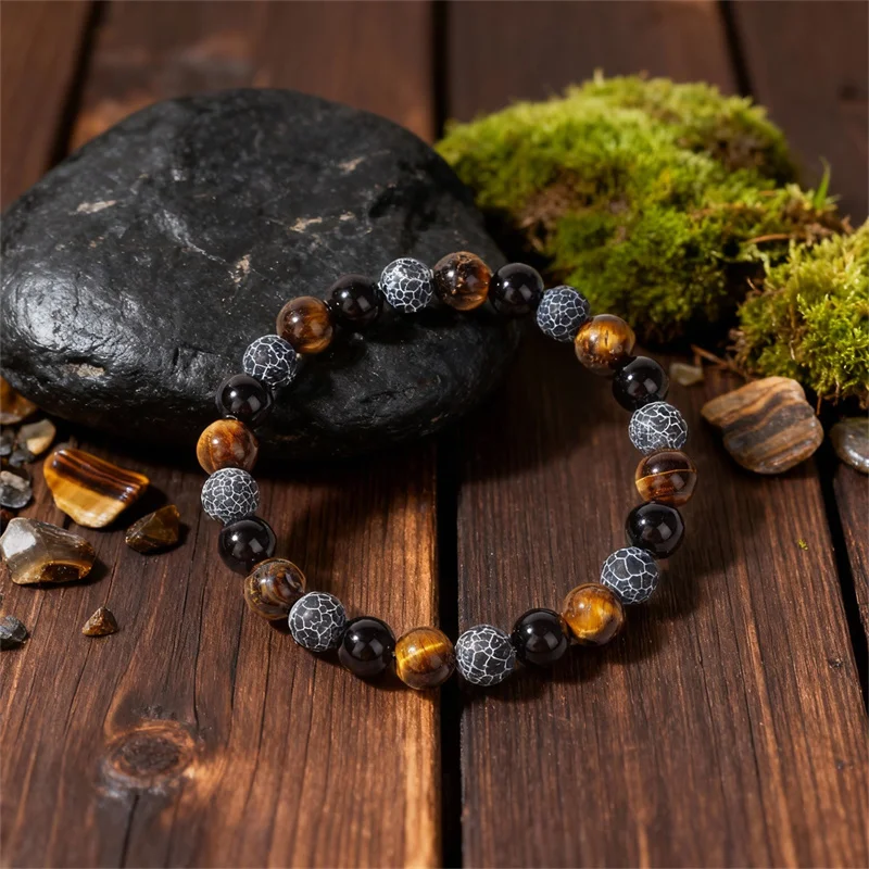 Natürliche Schwarze Obsidian Verwitterte Felsen Tigerauge Perlen Armbänder für Männer zur Gesundheit Dreifacher Schutz Frauen Seelen-Schmuck – Detail 3