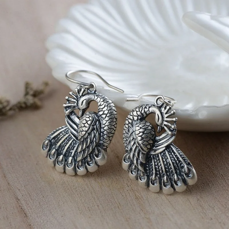 Ethnic Peacock Earrings Indian Drop Earrings Jewelry Vintage Silver Color Dangle Hanging Earrings For Women Pendientes